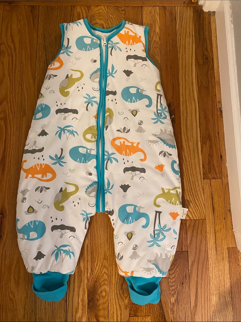 Sleepsuit One-Piece in White with Teal Trim and Dino Print 2T